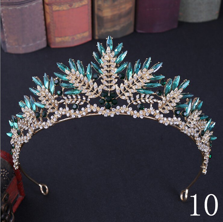 Women girls European Green Crystal Tiaras Vintage Rhinestone Pageant Crown Baroque Bridal Wedding Hair Jewelry Accessories: 10