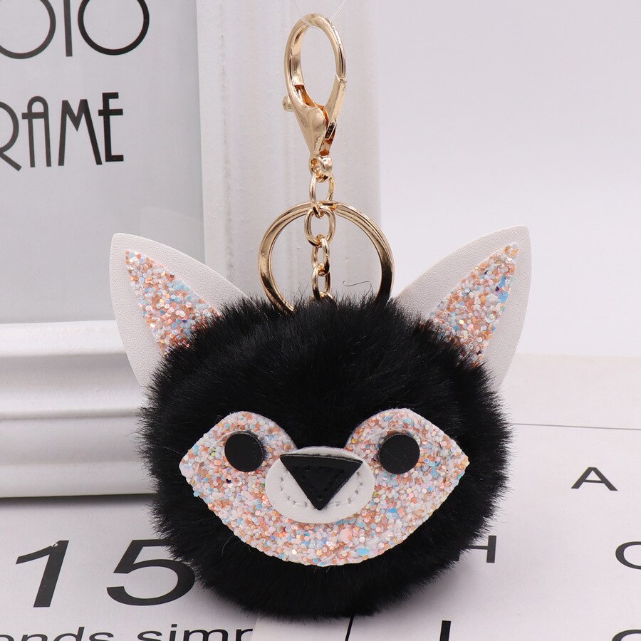 Automne et hiver Style Jade visage renard sac porte-clés modèle Pom-pom porte-clés porte-clés femmes sac pendentif: 9 Black and White with Pattern  Gold Tone Chain Buckle