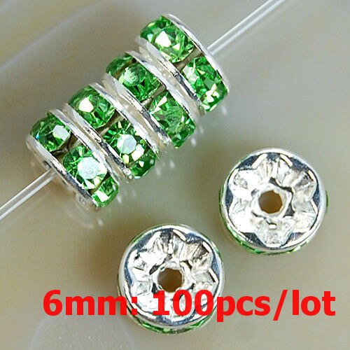6mm 100 sztuk Metal srebrny Plated kryształ Rhinestone Rondelle koraliki dystansowe luzem koraliki dla DIY akcesoria do wyrobu biżuterii Supplie: Green