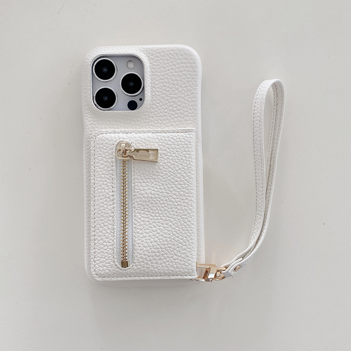 Luxus Litschi schälen aufbringen Pu Ledertasche für iPhone 15 14 13 12 11 Profi Max kleinen Spiegel Karten Halfter Schlüsselband Brieftasche Abdeckung: Denim / Weiß