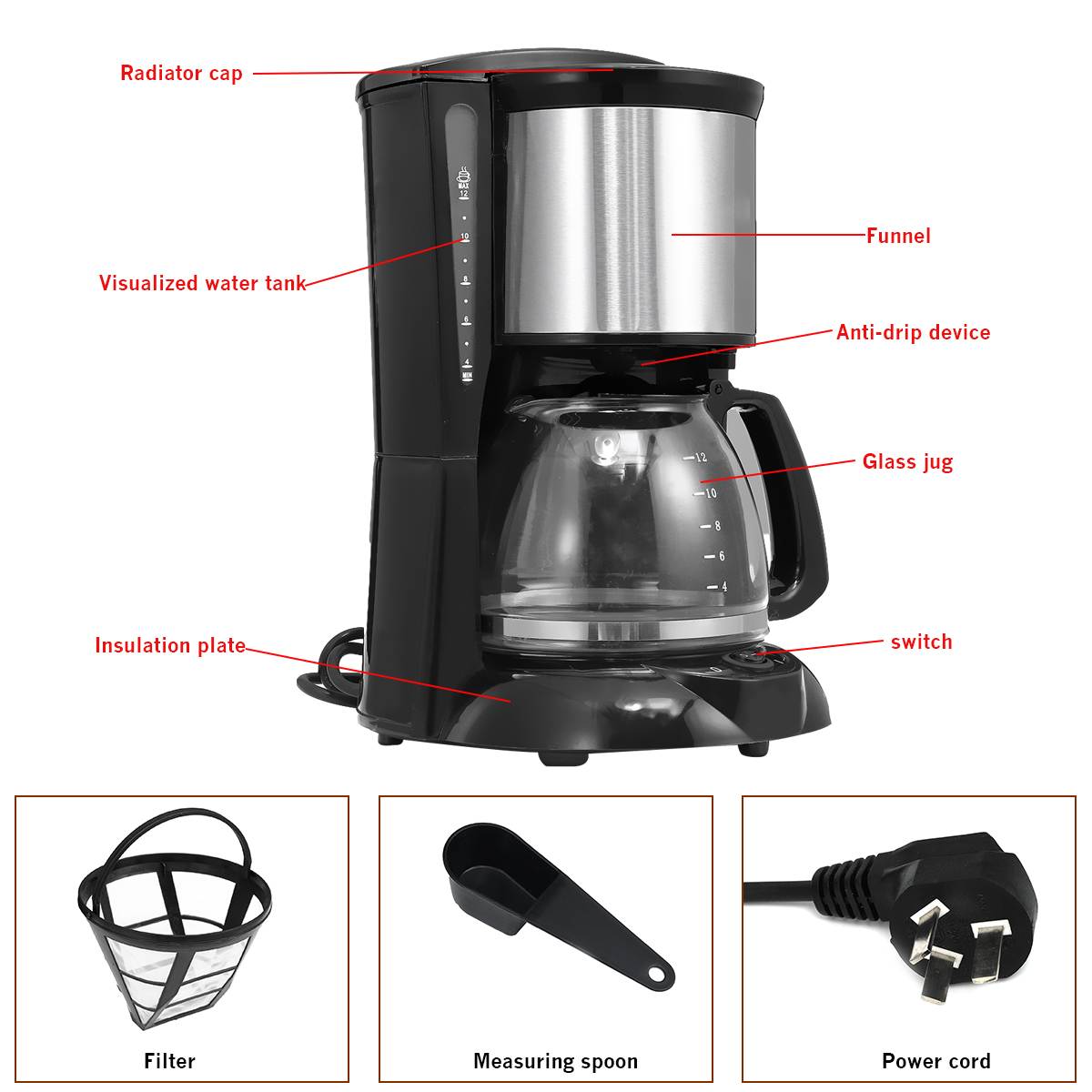 220V Electric Coffee Maker Household Kitchen Automatic Boiler 8-12 Cup Latte Espresso Moka Drip American Coffee Brewing Machine