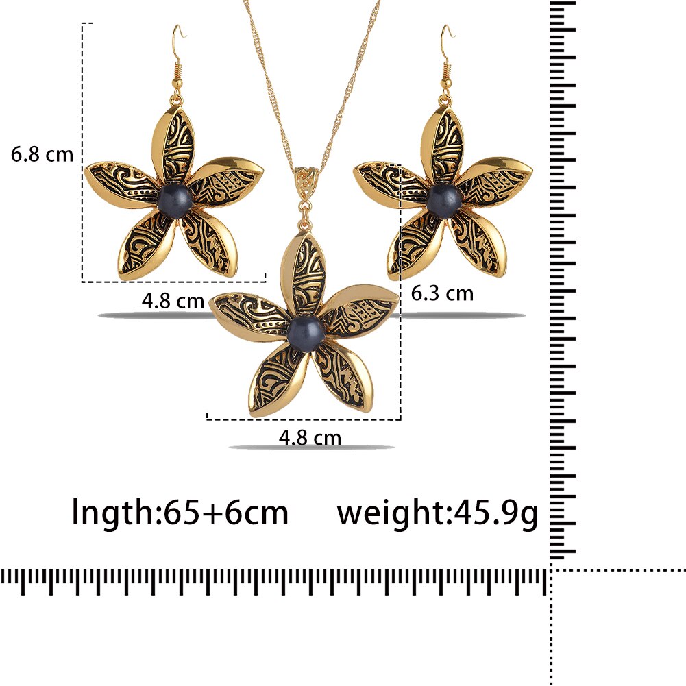 Cring Coco Mode Hibiscus Bloemen Sieraden Set Vrouwen Hawaiian Polynesische Vergulde Ketting Oorbellen Set: ZH0236GOGR