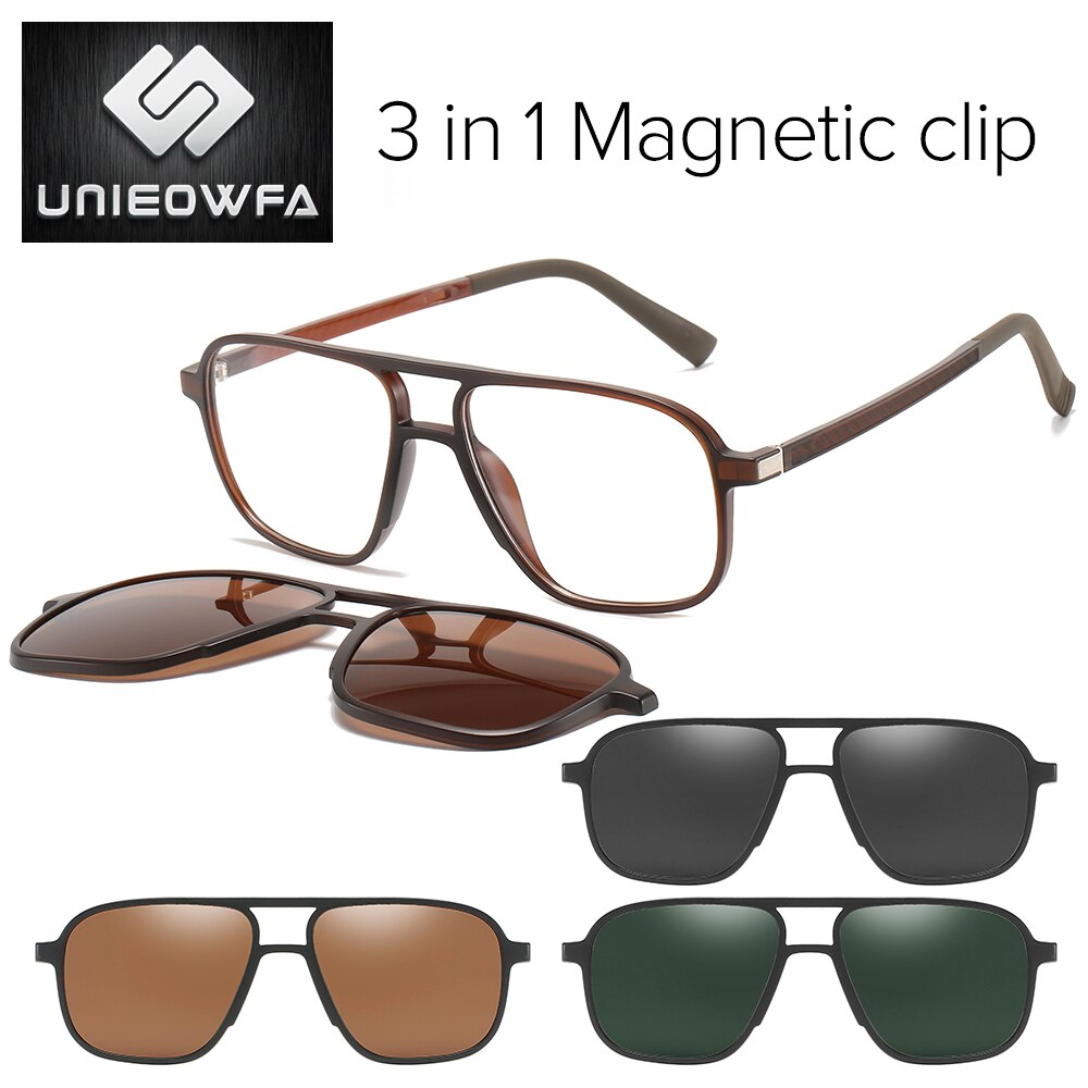 Optical Magnetic Clip on Glasses Frame Men Clear Prescription Myopia Eyeglasses Frame Polarized Magnet Clip Sunglasses Men Brand: 1910 Brown 3 in1