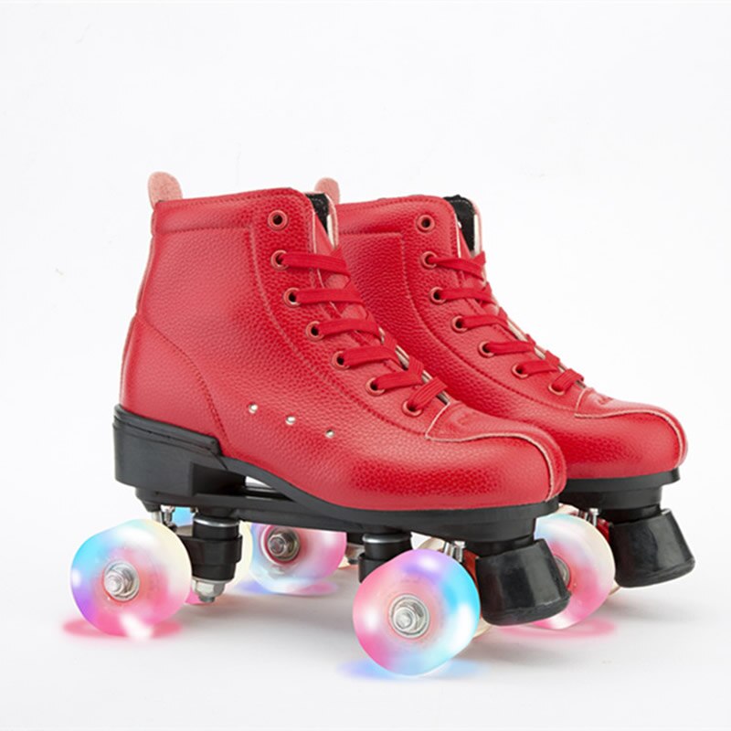 Artificial Leather Roller Skates Red Double Line Skates Women Men Two Line Skate Shoes Patines With PU Flash 4 Wheels Patins: with light / 39