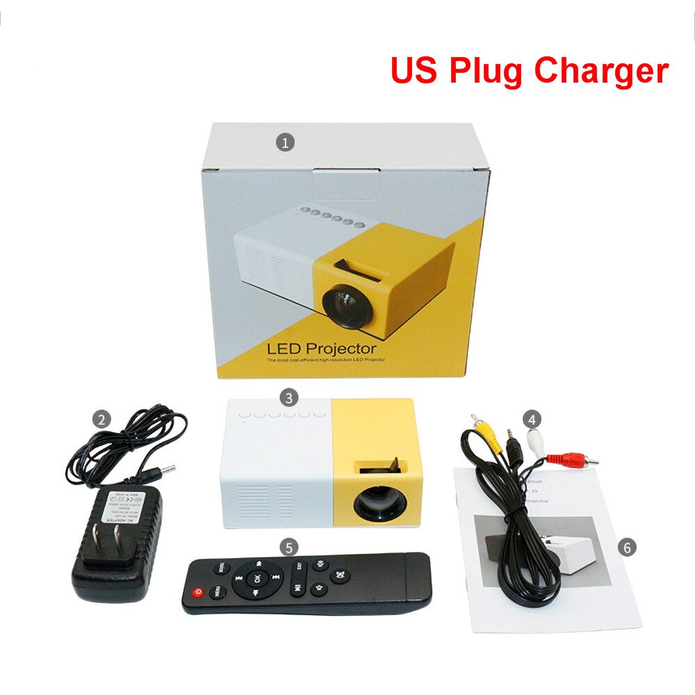 Draagbare J9 1080P Mini Projector HD Thuis Beamer Projector Theater Voor AV USB TF Card USB VS YG-300 Draagbare pocket Beamer: US Plug