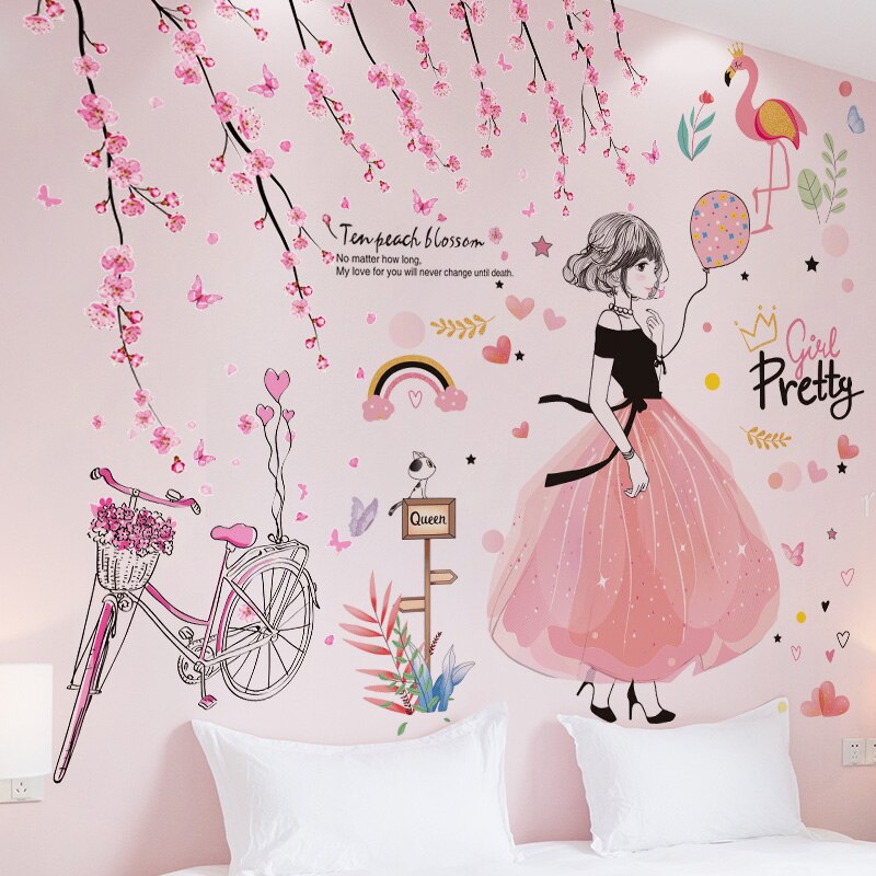 Pegatinas de pared de niña de dibujos animados, calcomanías de Mural de bicicleta de flores de melocotón DIY para habitaciones de niños, dormitorio de bebé, guardería, decoración del hogar: flower and girl 2
