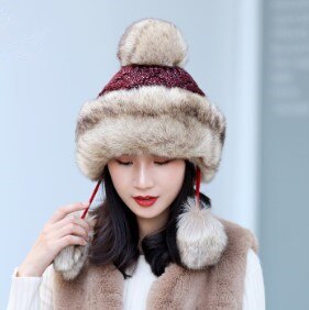 Xdanqinx Winter Vrouwen Hoed Elegante Dames Gebreide Muts Warme Dikke Bomber Hoeden Voor Vrouwen Anti-Koude Hoed Winter Ski Cap: wine red