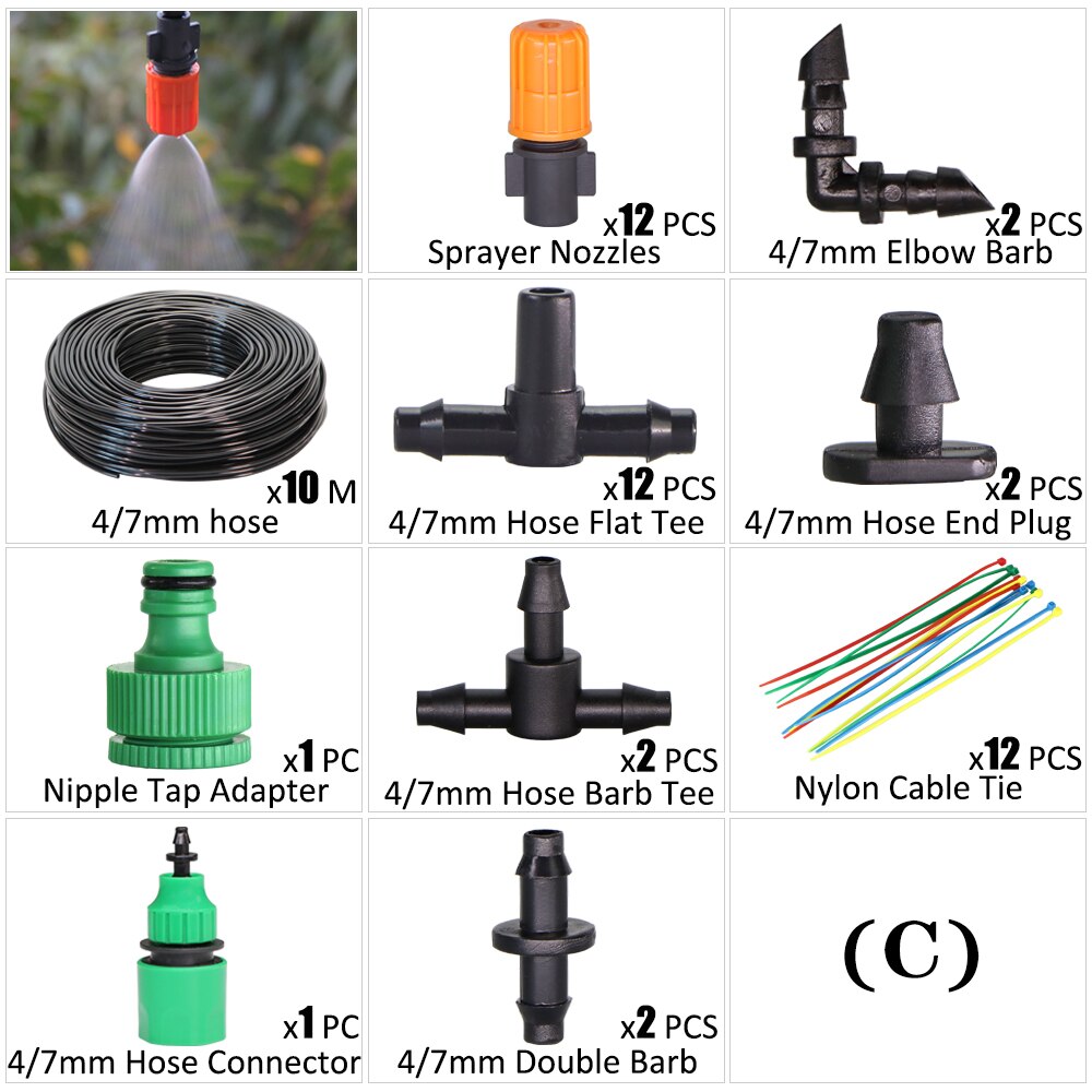 Garden Irrigation Kit Fog Nozzles Automatic Spray Sprinkler System 4/7mm Misting Watering Hose With Adjustable Dripper Connector: C