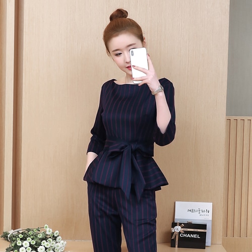 Blue Striped Office Two Piece Set Women Long Sleeve Tops With Belt+pants Trousers Ladies Korean Sets Suits Women's Clothing