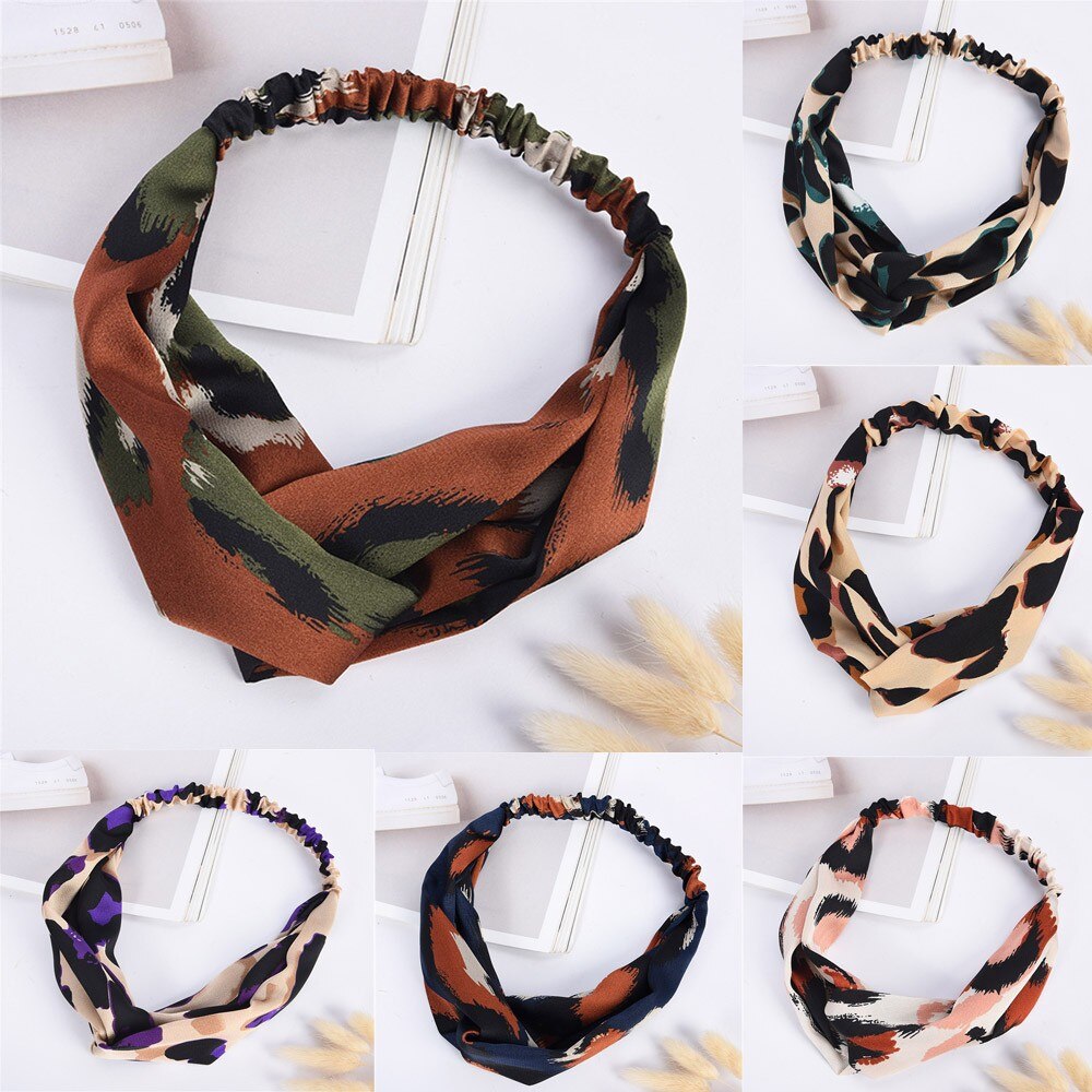 Women Girls Hair Accessories Headband Fabric Cross Boho Leopard Twist Knot Elastic Wrap Turban Hair Band Sport Girls