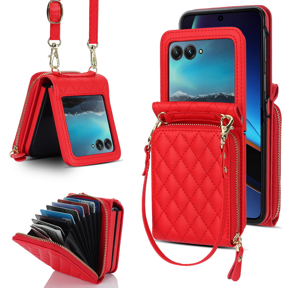 Opvouwbare portemonnee met meerdere vakken en diagonale draagriem voor motorola razr 60 ultra, razr 60 , 50 ultra 40 moto razr hoesje: Rood / Motorola razr 2025