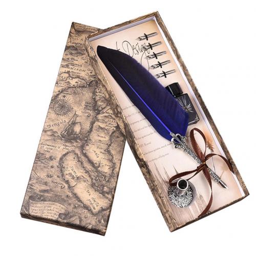Luxe Vintage Veren Pen Retro Engels Kalligrafie Quill Dip Vulpen Met 5 Penpunten Briefpapier Kantoor Schoolbenodigdheden: Royal Blue