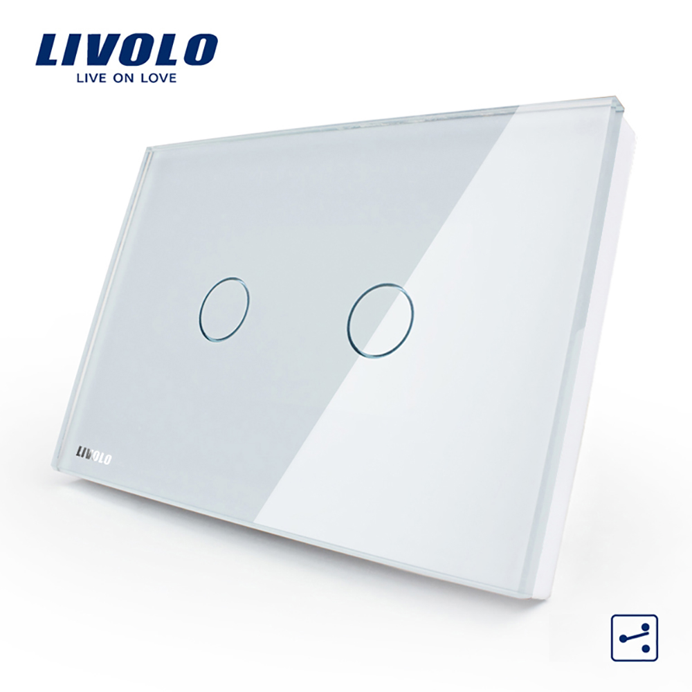 LIVOLO US AU standard Touch switch,2-way corss switches Touch remote Light Switch,White Crystal Glass Panel,wireless control: 2 gang