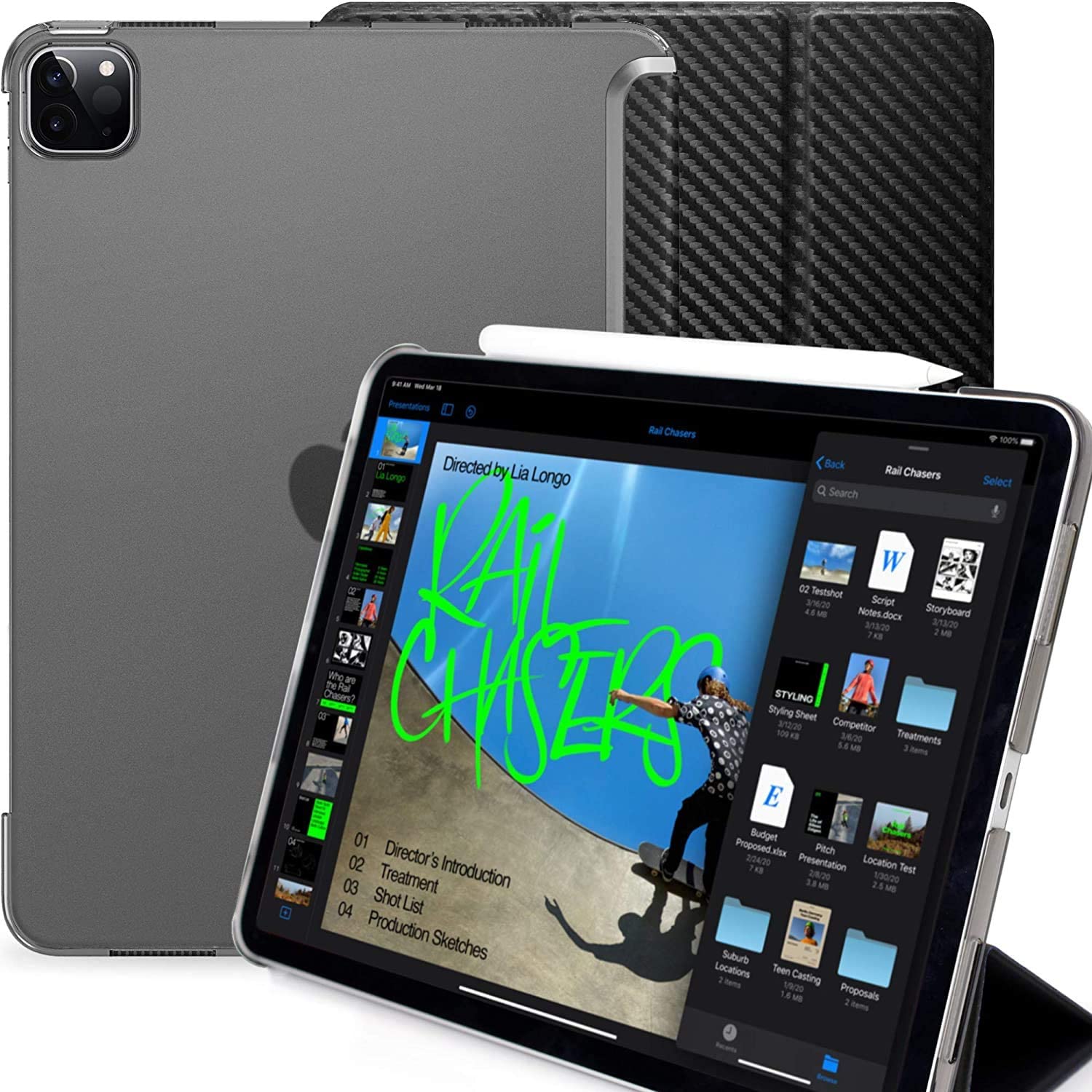 KHOMO Funda iPad Pro 11 ) 2nda Generación Smart Cover Delantero y Caracasa Trasera Semi Transparente Negro: Fibra de carbono