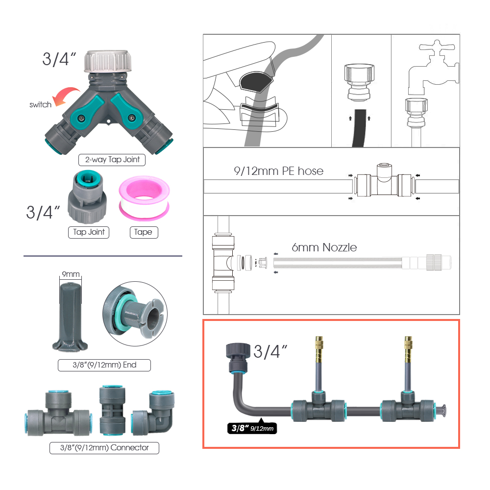 3/8" 9/12mm Garden Auto Watering System 20cm Free Bend Adjustable Sprayer Nozzle Misting Cooling Plants Irrigation Sprinkler Kit