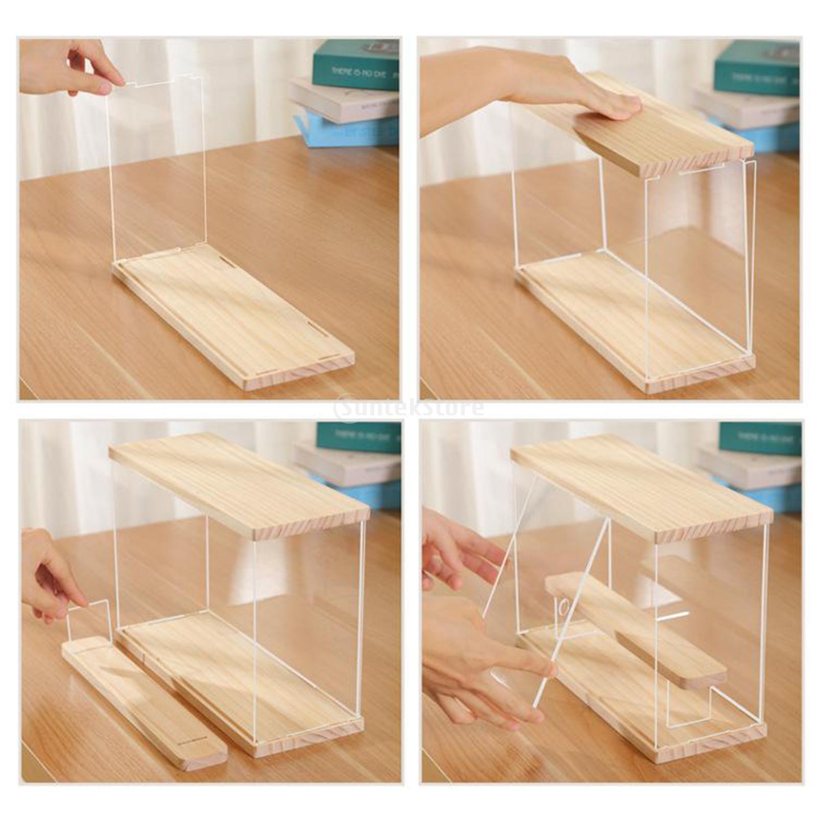 transparent Acryl Anzeige fallen Schutz Lagerung Würfel Schaufenster Container Holz Basis für Puppe Figuren Parfüm
