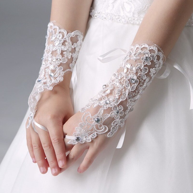 Guantes de Boda sin dedos, rojos y blancos, encaje con cuentas para accesorios de boda para novia puesta en escena