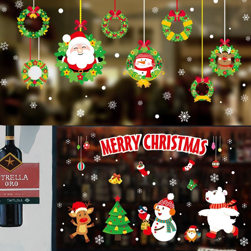 Merry Christmas Wall Stickers Cute Santa Claus Snowflake Elk Window Glass Stickers For Year Xmas Party Home Wall Decals