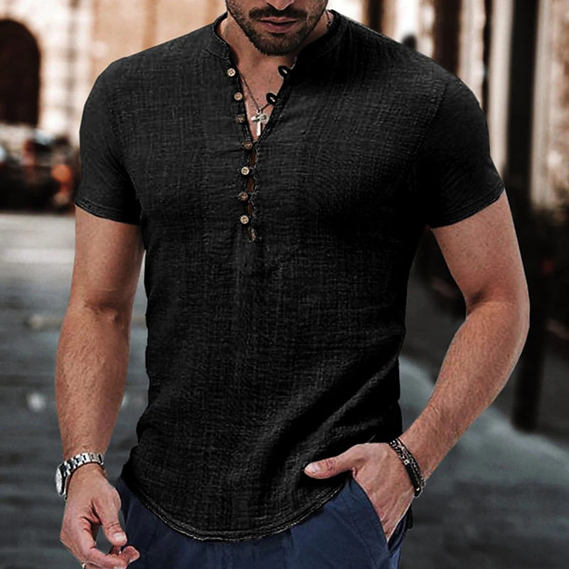 Camiseta de manga corta para hombre, camisa de lino y algodón con botones y cuello en V, ropa informal, Tops populares para hombre 2023: XXXL / Negro