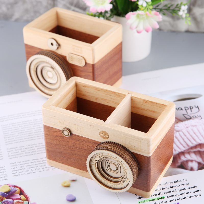 Camera Shaped Wooden Pen Pencil Case Holder Stand Desktop Sundries Storage Wood Box