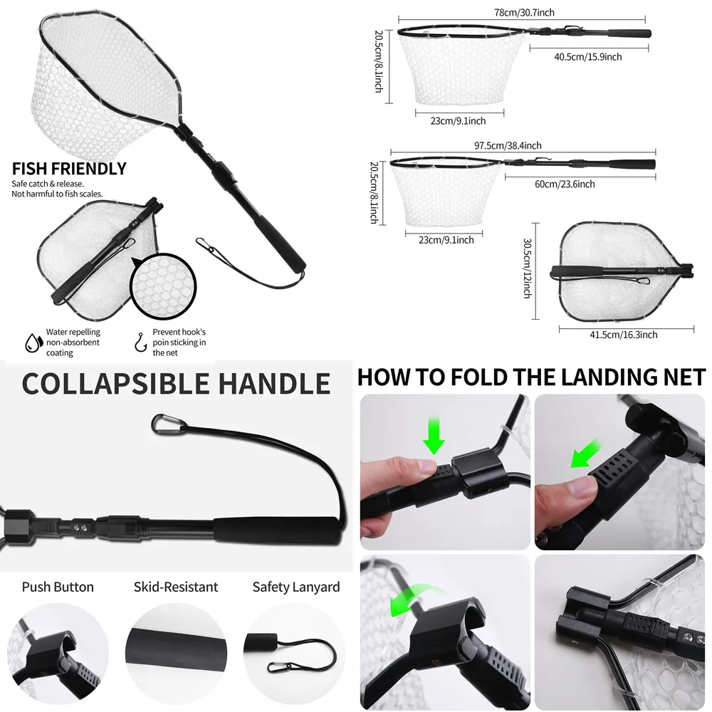 Fishing Net Fish Landing Net Collapsible Fish Net with Anti-Slip Telescoping Pole Handle for Kids Adults in Saltwater Freshwater