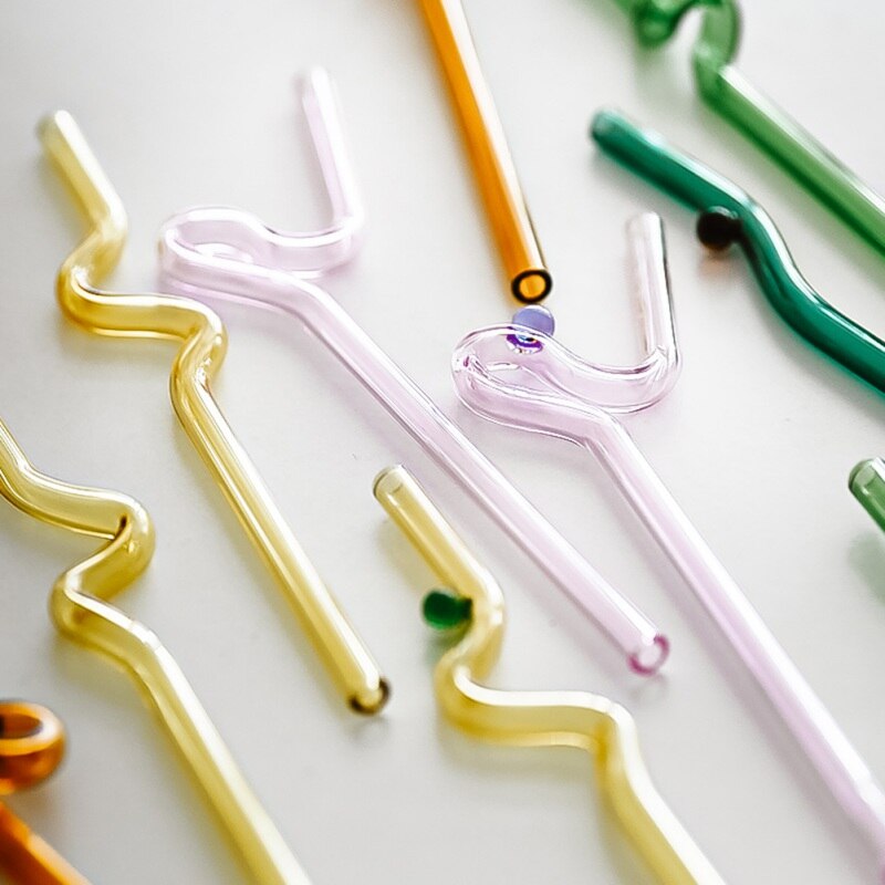 Glass Straws Long Rainbow Colored Curved Reusable Replacement Straws for Smoothie Milkshakes Tea Juice Cocktail Drinkis
