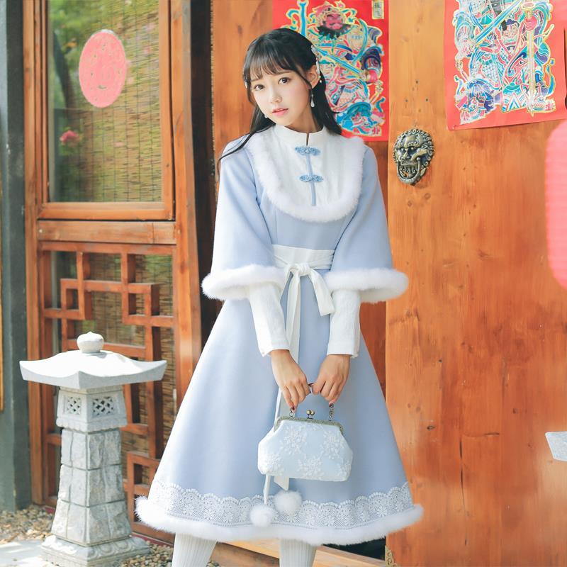 Vestido de estilo chino de hermana Lolita para mujer, ropa de princesa con cordones, mezcla de lana dulce tradicional Vintage, Hanfu femenino
