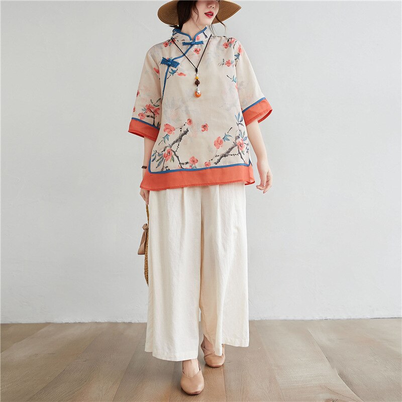 Spring Women Chinese Traditional Style Tops Cotton Linen Loose Blouses Cheongsam Female Vintage Buckle Hanfu Shirts Tang Suits