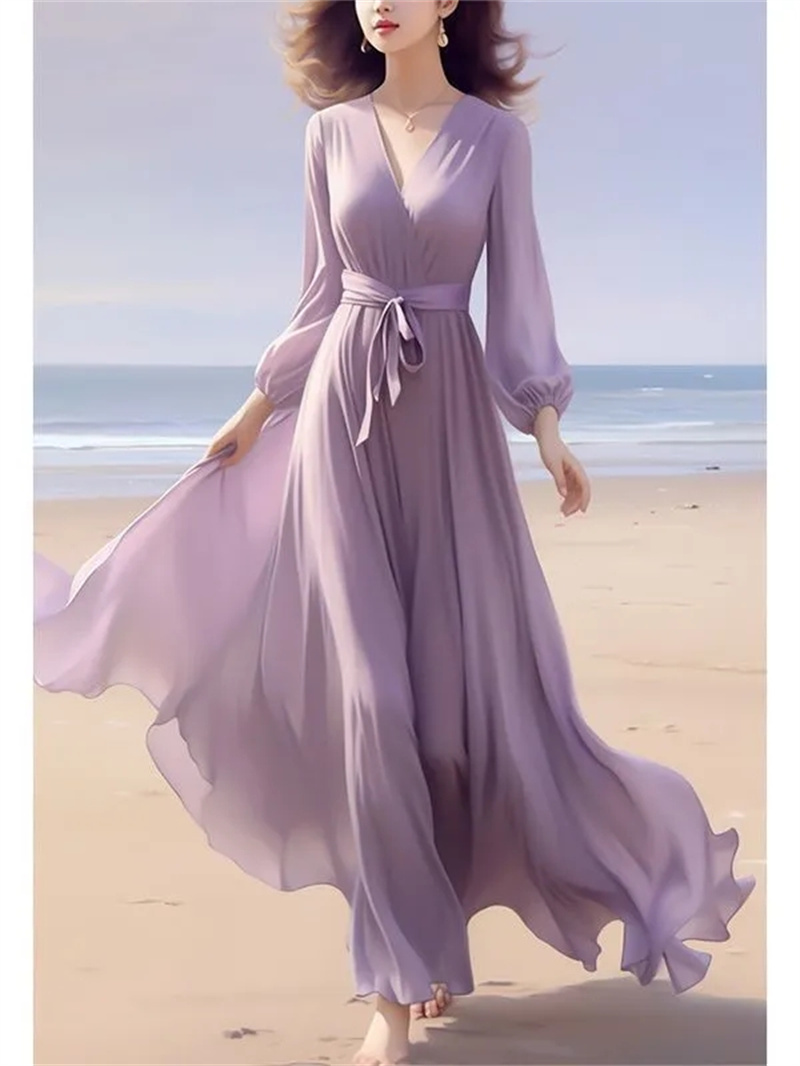Women High-end Dress Chiffon Dress Seaside Vacation Waist Cinching Fairy Long Dress Spring Long Sleeve Dresses Female Lace-Up Dr: M