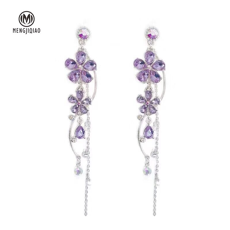 MENGJIQIAO, nuevos pendientes largos de cristal con flor púrpura de estilo coreano para mujer, temperamento , joyería de Oorbellen