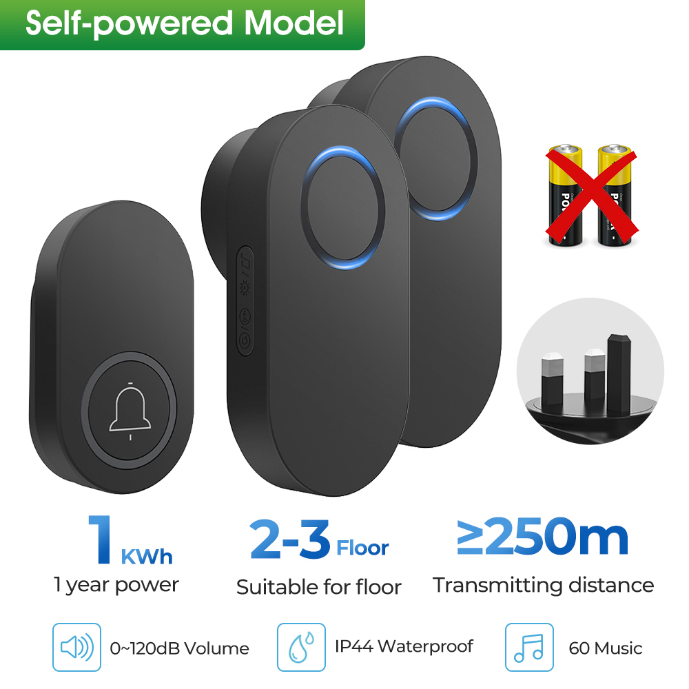 Self Powered Doorbells No Need Battery 120dB 60 Chimes 250M Range EU US UK Plug Waterproof Door Bell For Office,Home: Brown
