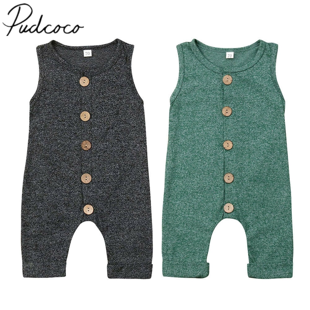 Baby Zomer Kleding Katoen Baby Romper Kids Baby Jongen Meisje Kleding Mouwloze Solid Single Breasted Casual Jumpsuit 0-24M