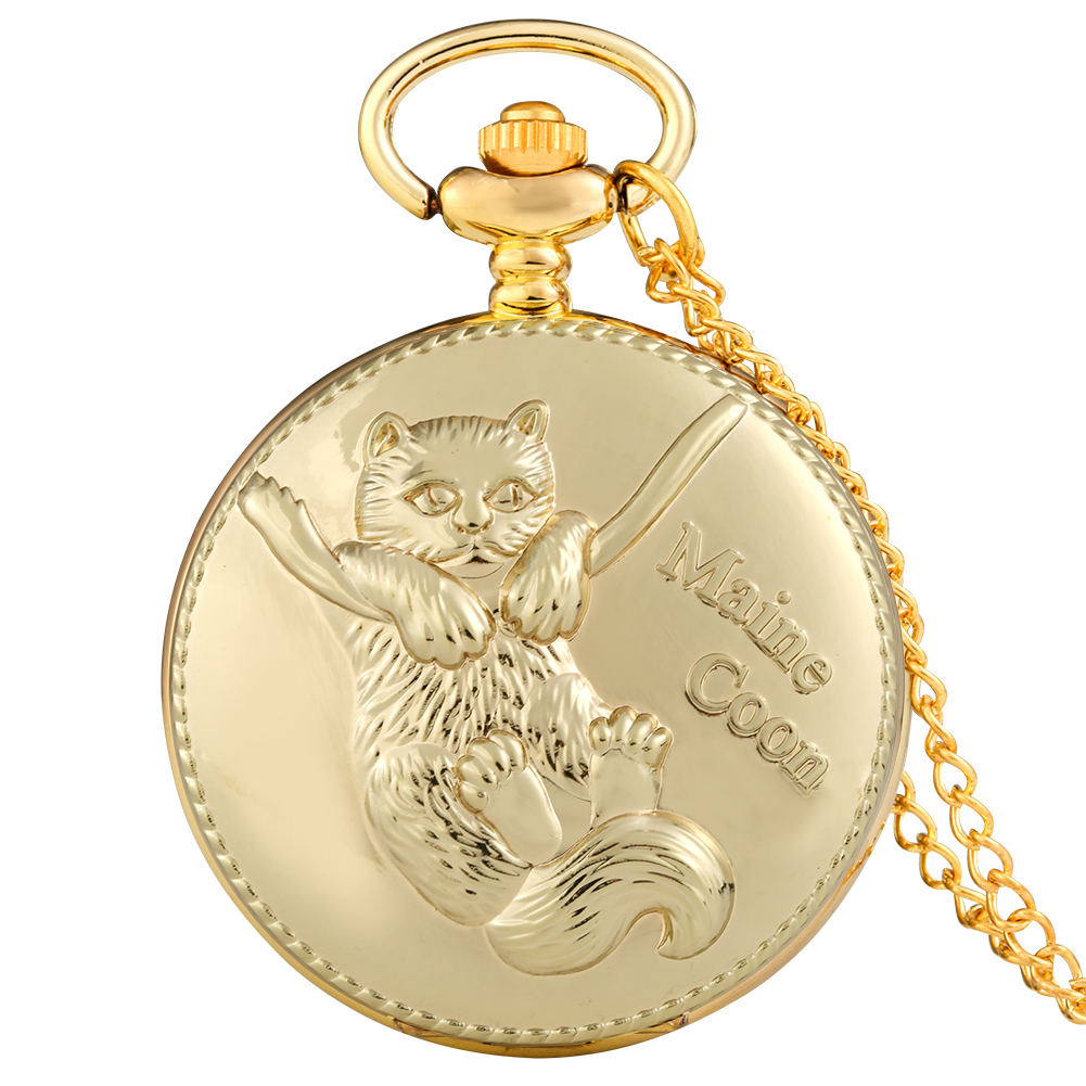 Antieke Leuke Amerikaanse Korthaar Quartz Zakhorloge Opluchting Goud Kleur Vintage Horloge Voor Man Vrouwen Best Reloj De Bolsillo: Maine coon