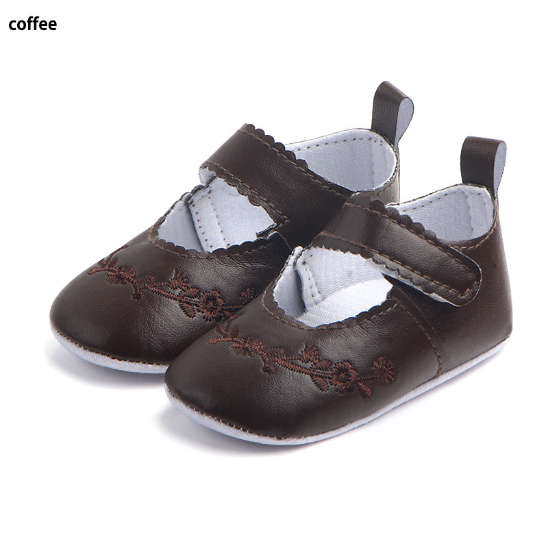 Stor bebe pu läder blomma broderade skor mjuk sulor baby first walkers spädbarn flicka prewalkers skor spjälsäng skor guld: Kaffe / 0-6 månader