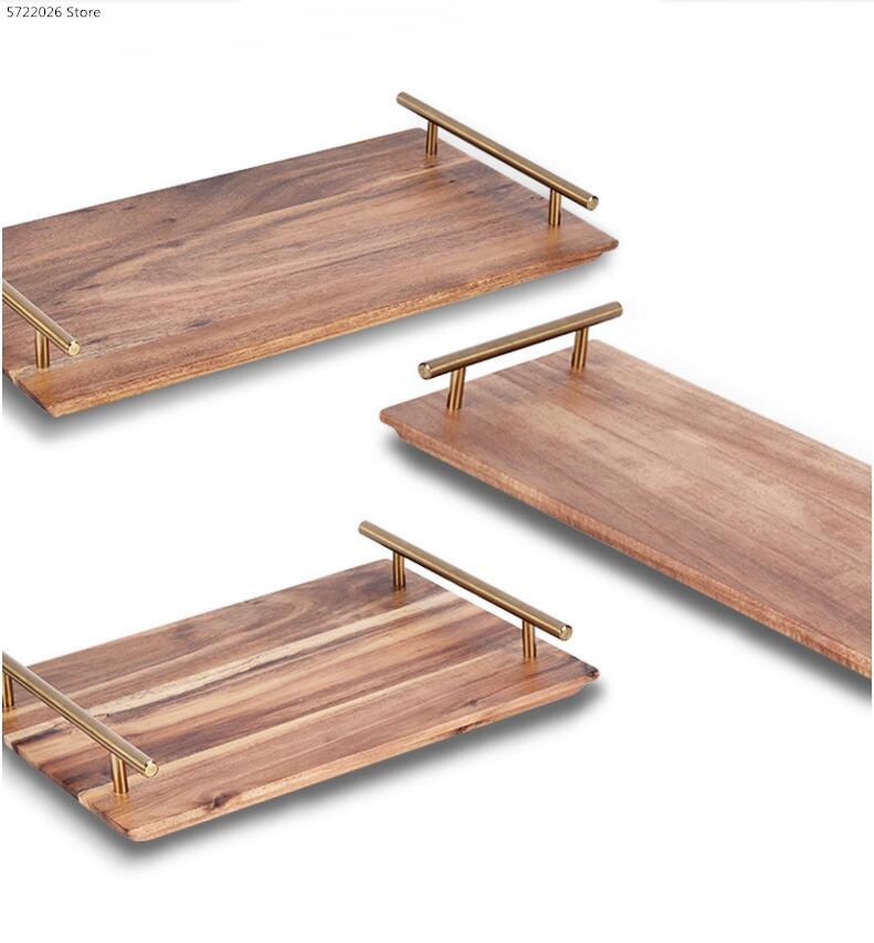 Nordic wooden dinner plate tray living room rectangular acacia wood copper handle tray household tea tray storage tray