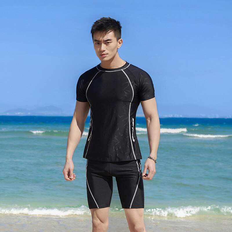 Two Piece Short Sleeve Surfing Swimsuit Men Plus Size Swimwear Shirt+shorts Korean Style Swimming Suit Maillot De Bain Homme