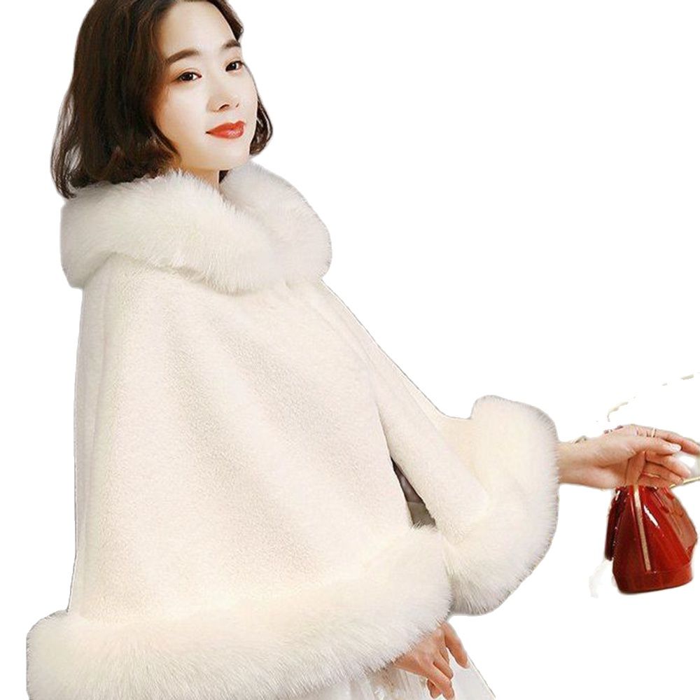 Vrouwen Hood Capes Mantel Winter Dikke Capuchon Bont Sjaal Wit Rood Zwarte Trouwjurk Bruid Bont Cape Poncho Dikker plus Size