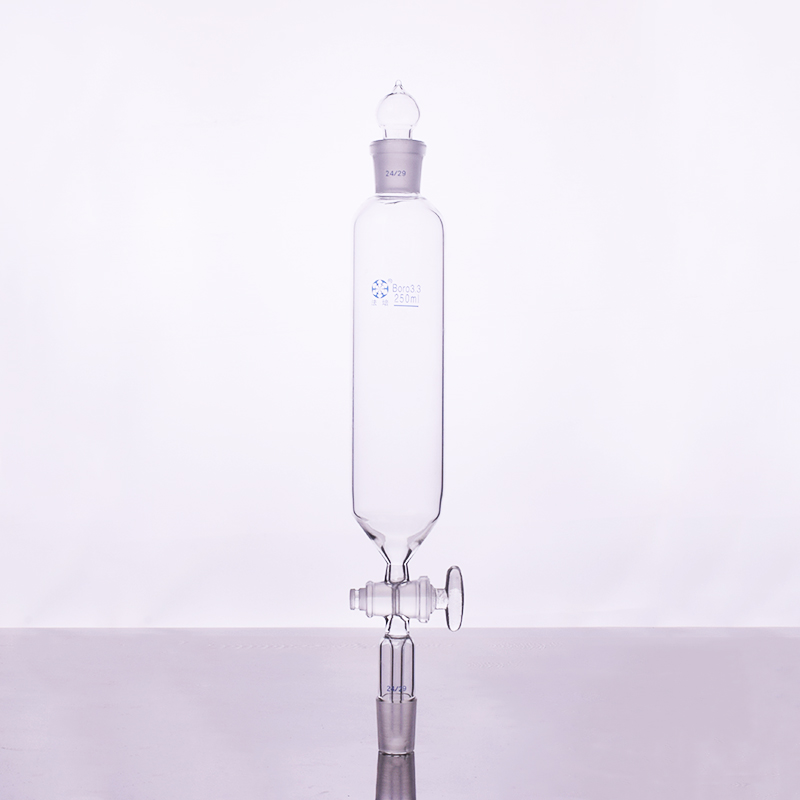 Separatory funnel cylindrical shape,standard ground mouth.Capacity 250ml,Joint 24/29+24/29,Glass switch valve,without tick mark