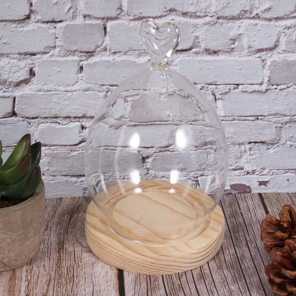 Dried Flower Display Glass Cover Preserved Flower Glass Cover DIY Transparent Glass Cover Loving Heart Glass Dome with Wood Base