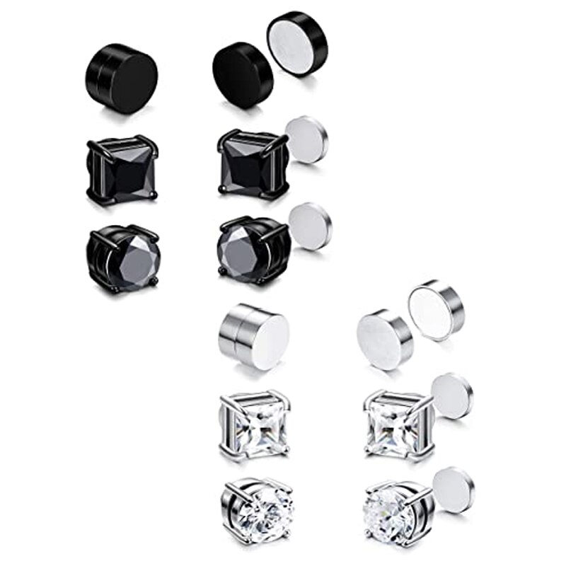 6 paires de boucles d&#39;oreilles magnétiques pour hommes et femmes, ensemble de boucles d&#39;oreilles rondes en acier noir, aimant CZ sans perçage