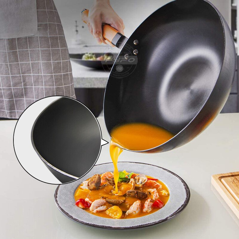 Wok Pan,Non-stick Handgemaakte Gietijzeren Wok Koekenpan Houten Handvat Kookpotten, Keuken Kookgerei