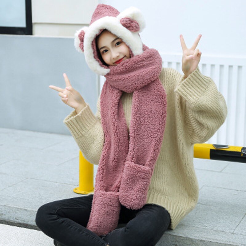 Foux Bomber Hats Women Kids Parent Child Winter Bear Ears Russian Cap Scarf Neck Gloves Snow Warm Baby Boy Girl Ushanka Trooper: Lavender