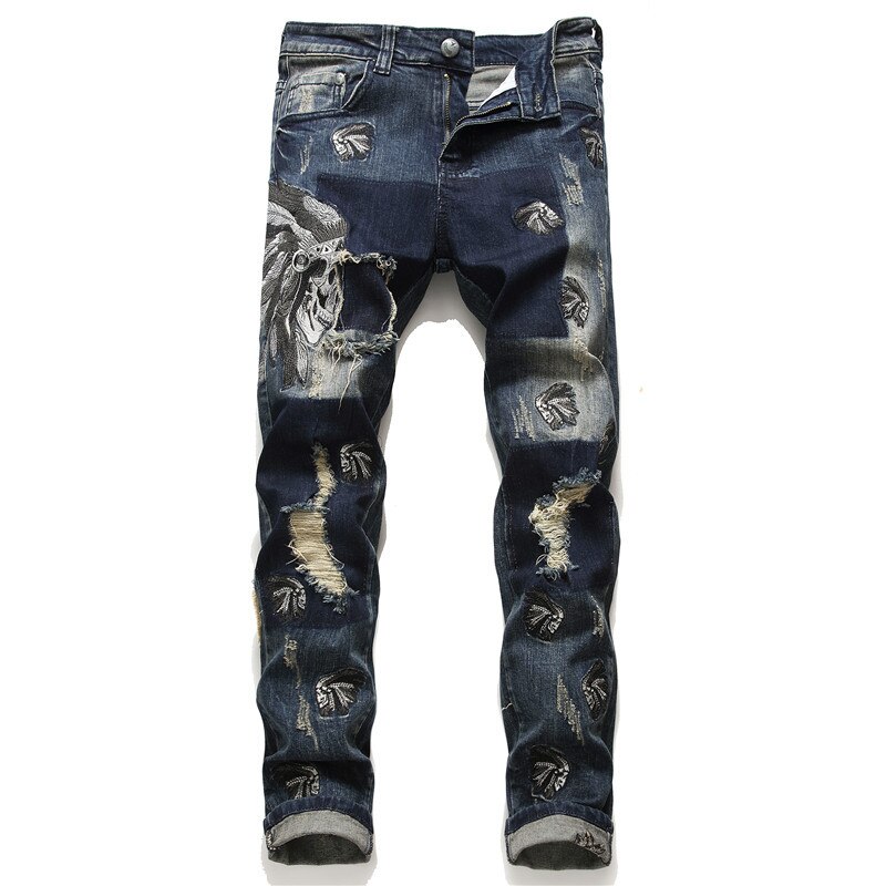 AUTUMN Winter Men's Patchwork Ripped Embroidered Stretch Jeans Trendy Holes Straight Denim Trouers