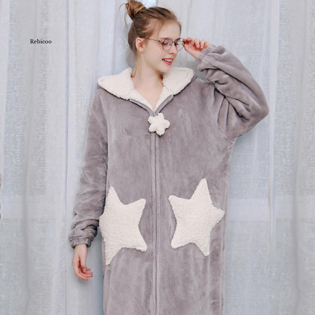 Peignoir en molleton pour femme, vêtement d'hiver, avec capuche épissée, fermeture éclair et poches