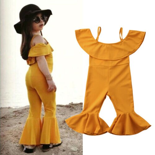 Emmababy Del Bambino Della Ragazza Giallo Aderente Elastico Tute E Salopette Tuta 1-6Y Bambini Dei Capretti di Estate Off Spalla Bell Bottom Pantaloni Abiti