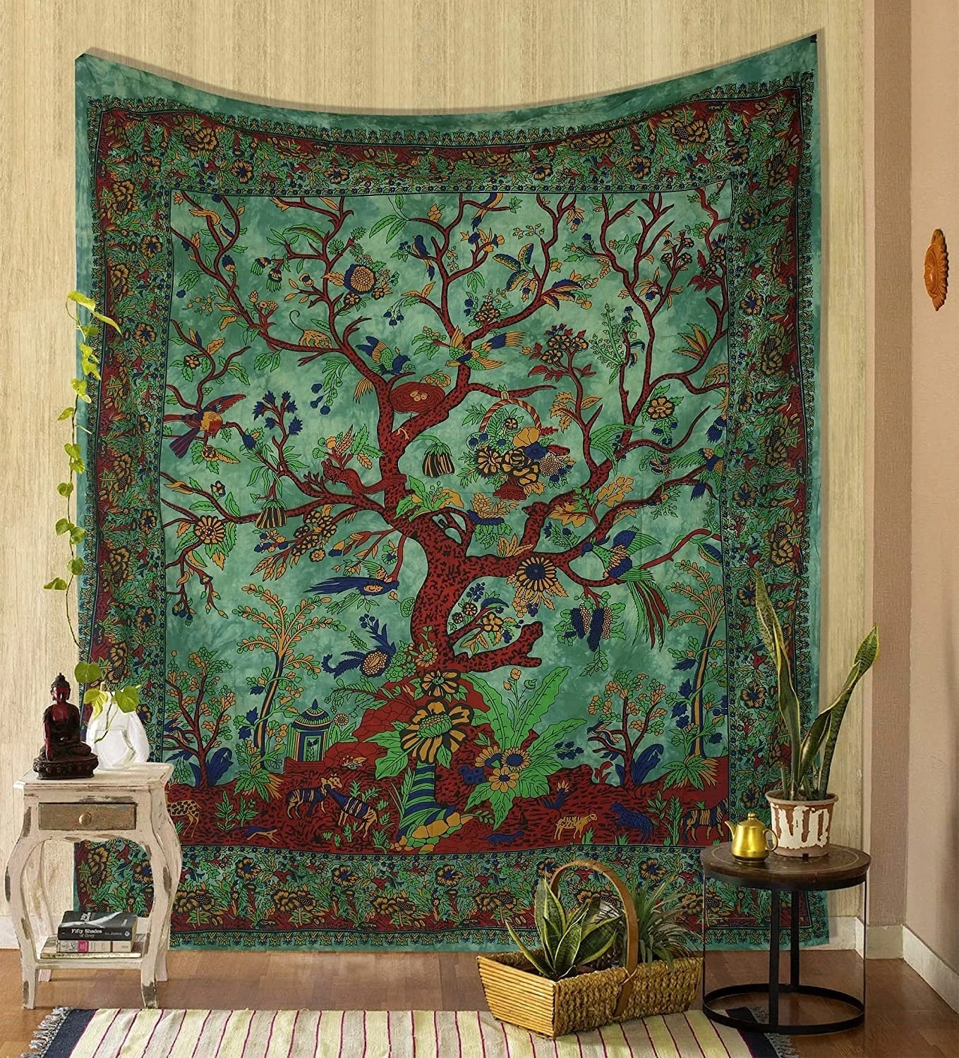 Tapiz verde árbol de la vida para colgar en la pared, tapiz psicodélico, tela de cama doble de algodón indio, tela de Picnic para pared: 140 x 200 cm / Marrón oliva