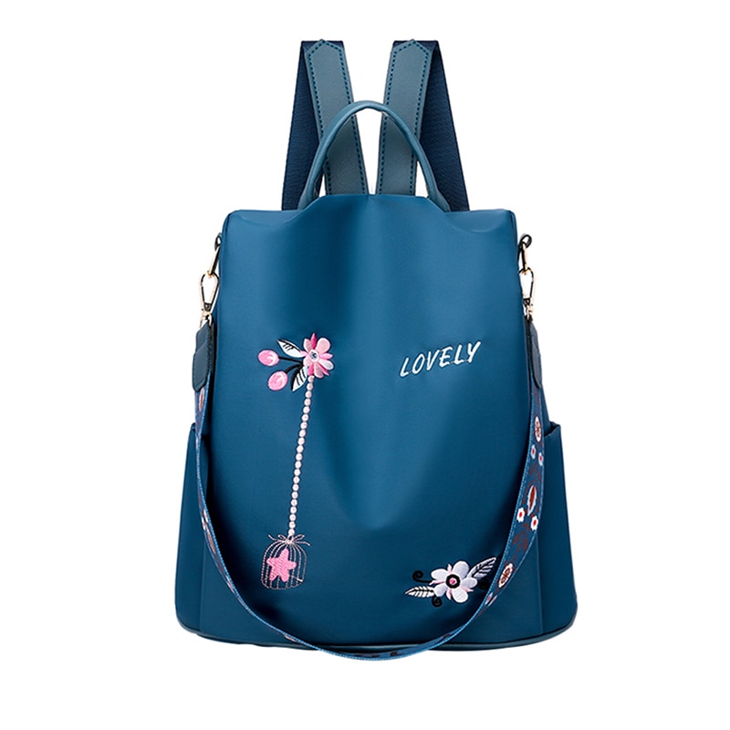 Nova Flor bordado mochila feminina Oxford saco mochila mochila para as mulheres Adolescente meninas juventude anti ladrão bagpack Cáqui Azul: 3