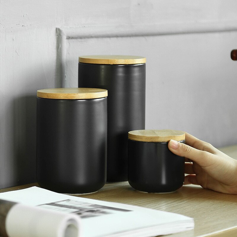 Vaso di stoccaggio sigillato in ceramica bianca semplice con coperchio in legno 260ML 800ML 1000ML contenitore per alimenti da cucina teiera organizzatore di cereali