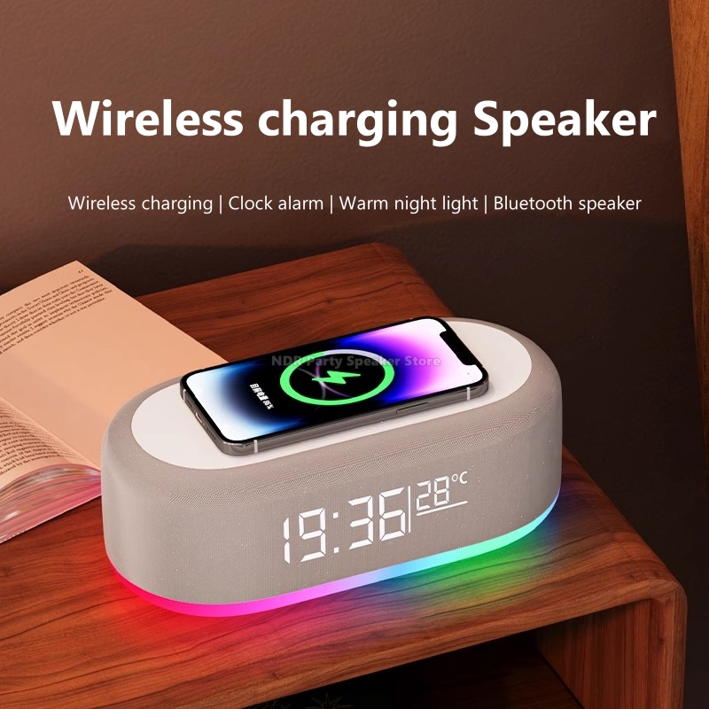 Multifunctionele 6-in-1 Bluetooth slimme luidsprekers met wekklok Kleurrijke RGB-sfeer Nachtlampje Draadloos opladen voor iPhone