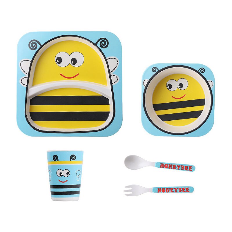 5pcs/set Animal Zoo Baby Plate Bow Cup Forks Dinnerware Feeding Set 100% Bamboo Fiber Baby Children Tableware Set: Blue bee